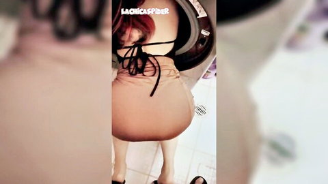 Big ass Latina bent over washing machine exposing bare pussy and cheeks in laundry room