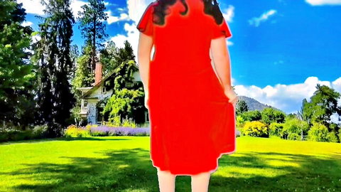 Crossdresser_kitty teasing in red dress, curvy figure outdoors