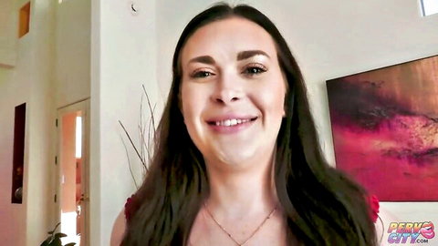 Lindsay Lee smiling seductively in red top, teasing for BBC anal penetration