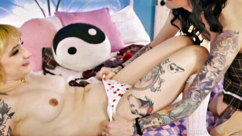 Stevie Moon and Lysagna DelRay, tattooed college girls spreading legs topless