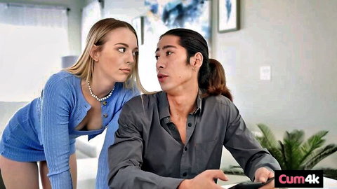 Lily Larimar in blue cleavage dress seducing hubby at desk