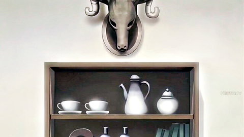 Surreal bull head trophy and white porcelain teaware on shelf in Alice parody ep.2