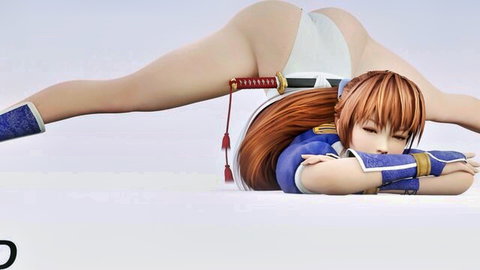 Kasumi anime girl in seductive splits pose, blue ninja outfit highlighting curves