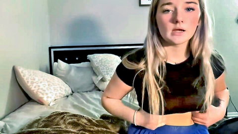 Blonde amateur Jade James Secret in black top and blue skirt on Chaturbate