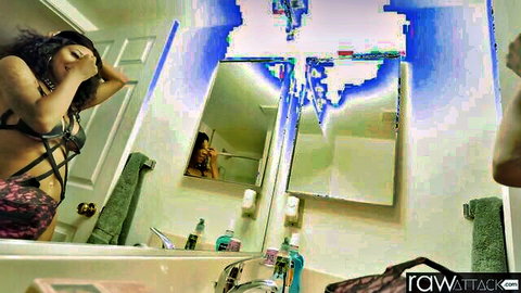 September Reign in black lingerie posing seductively in bathroom mirror POV
