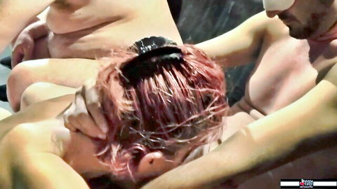 Pamela De Boni blindfolded nude in gangbang with multiple men