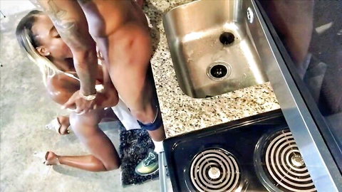 Harmony Cage ebony athlete fucked in kitchen, nude big ass exposed