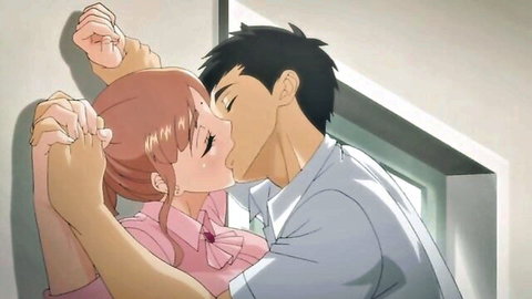 Anime married woman passionately kissed by lover, embracing against door