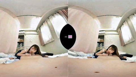 POV of seductive Japanese student lying topless on bed in erotic fantasy