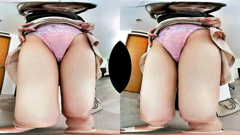 Japanese woman teases in pink lace panties, lifting skirt POV upskirt view