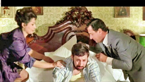 Vintage mature wife in purple lingerie watches suited doctor examine bearded man in bed