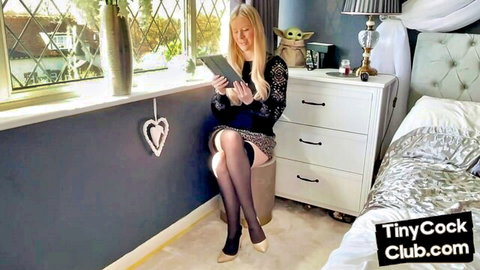 Blonde in stockings reads humiliating SPH script for small dicks solo
