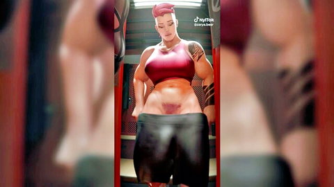 Muscular redhead in red sports bra and low black shorts exposing crotch
