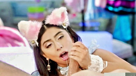 Violet Myers in cat ears maid outfit giving intense blowjob