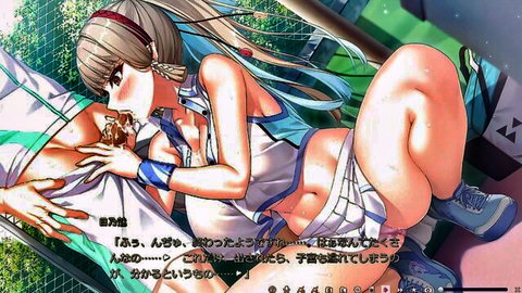 Anime girl Hino Mi in tight tennis skirt, seductive pose on court, long blonde hair