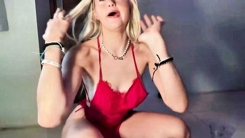 Lunababyboobear blonde teen in red lace lingerie teasing big boobs