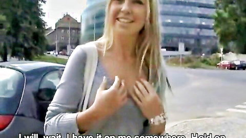 Blonde TS Princess teasing outdoors, hands on chest in Czechstreets video