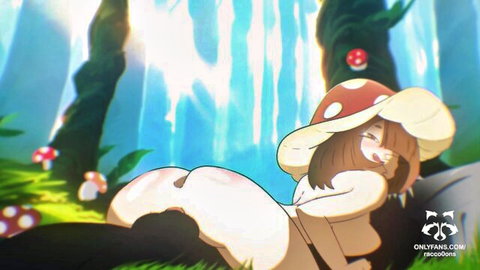 Anime shroom girl in forest, plump ass exposed in teasing side pose
