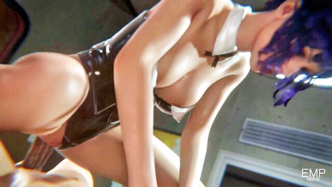 Slim Asian bunny girl in black latex outfit riding phantom, purple hair, seductive pose