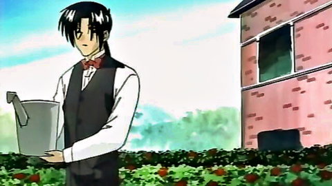 Anime hentai butler boy in vest and bowtie holding metal bucket in garden