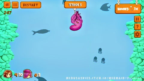Mermaid fishing game stage 5, underwater scene with pink heart hook and sea life