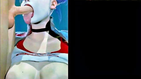 Harley Quinn cosplay giving deep blowjob in red lingerie and collar