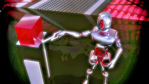 Silver robot with red accents interacting with glowing red cube in sci-fi alien scene