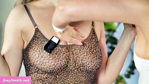 Jeny Smith in sheer leopard lingerie getting intimate massage from yoga partner
