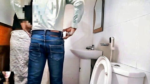 Amateur quick fuck: man pounding secretary doggystyle in tight office bathroom