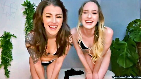 Two bikini-clad goddesses smiling in ASMR sissy training JOI thumbnail