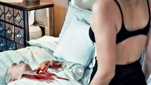 Sabina Gadecki in black lingerie over bloody man, Dark Asset 2023 scene