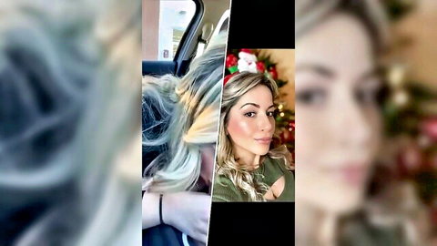 Seductive blonde in Santa hat and green top, car selfie, Christmas vibe