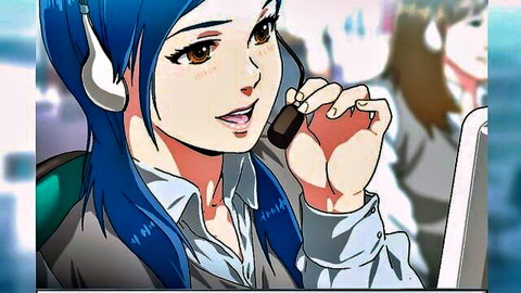 Anime office girl with long blue hair, smiling while using headset microphone