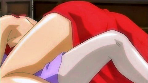 Hentai lesbians scissoring thighs and asses in red upskirt dress purple panties thigh-highs