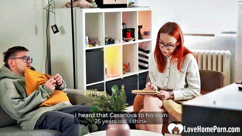 Redhead therapist with tattoos in session with client, amateur roleplay