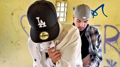 Latino cholo guys in caps hooking up publicly, suggestive gay bareback action