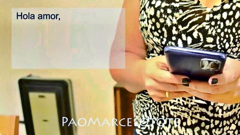Latina MILF in zebra dress texting 'Hola amor' on phone, tricked by stepson