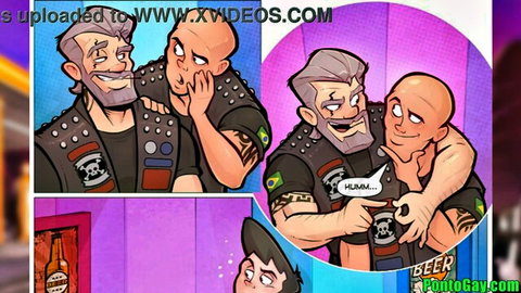 Animated muscular biker men embracing in gay initiation ritual scene