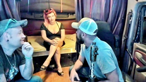 Hardworkertn redhead in black dress chatting in truck cab, amateur Chaturbate tease
