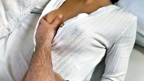 Asian model Lily's breasts groped by hand in open white top HD