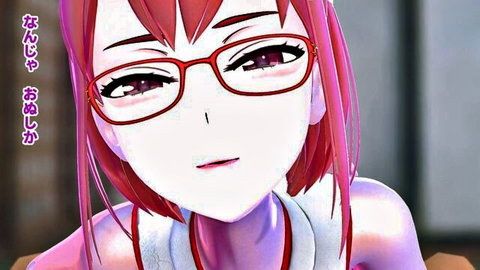 Anime priestess Sakira Haru with pink hair, glasses, and cleavage in service pose