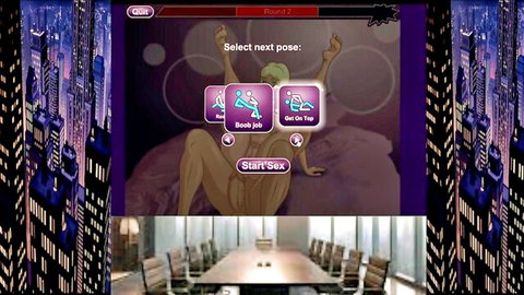 3D office sex game menu selecting blowjob on tits pose with start sex option and conference room view