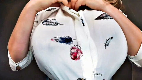 Blonde teasing oiled big tits in unbuttoned feather shirt