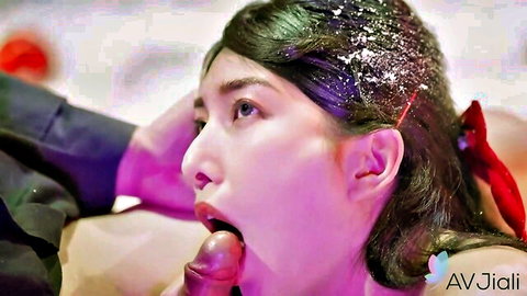Asian woman in cosplay performs deep blowjob with cum on hair, AV Jiali