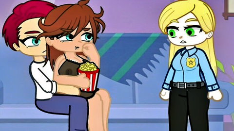 Anime couple cuddles on couch as blonde police officer confronts them