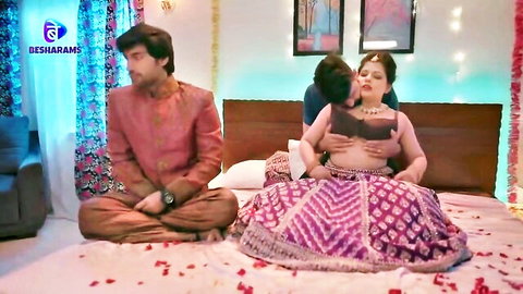 Curvy Desi woman in purple lehenga embraced by man, watched by another in Besharams series