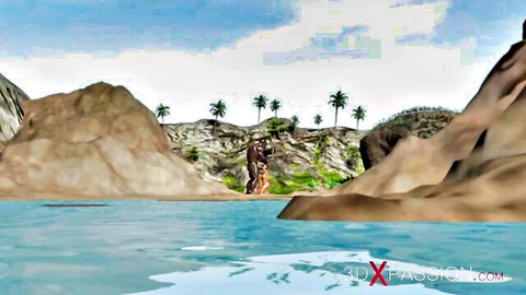 3D animated tropical beach with rocky cliffs and palms for Queen Bee deepthroat scene