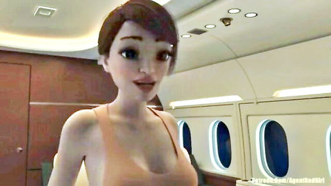 Evil Emily as futanari boss in orange top, teasing cleavage on private jet