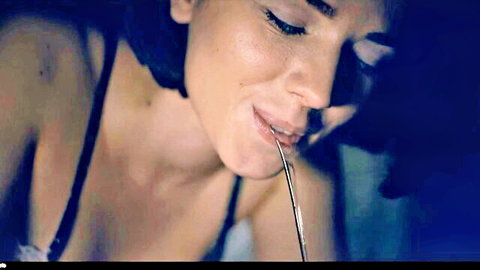 Eve Sweet seductive close-up in black lingerie, bedtime possession tease