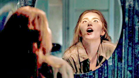 Jia Lissa redhead surprised in mirror, open mouth ecstasy